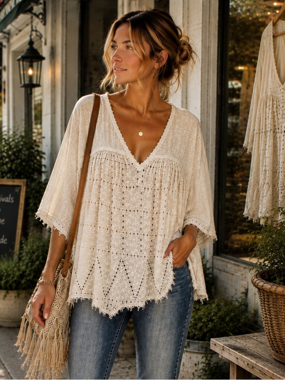 Free People Summer Lovin Linen Blend Eyelet Raw Hem Boho Blouse Medium